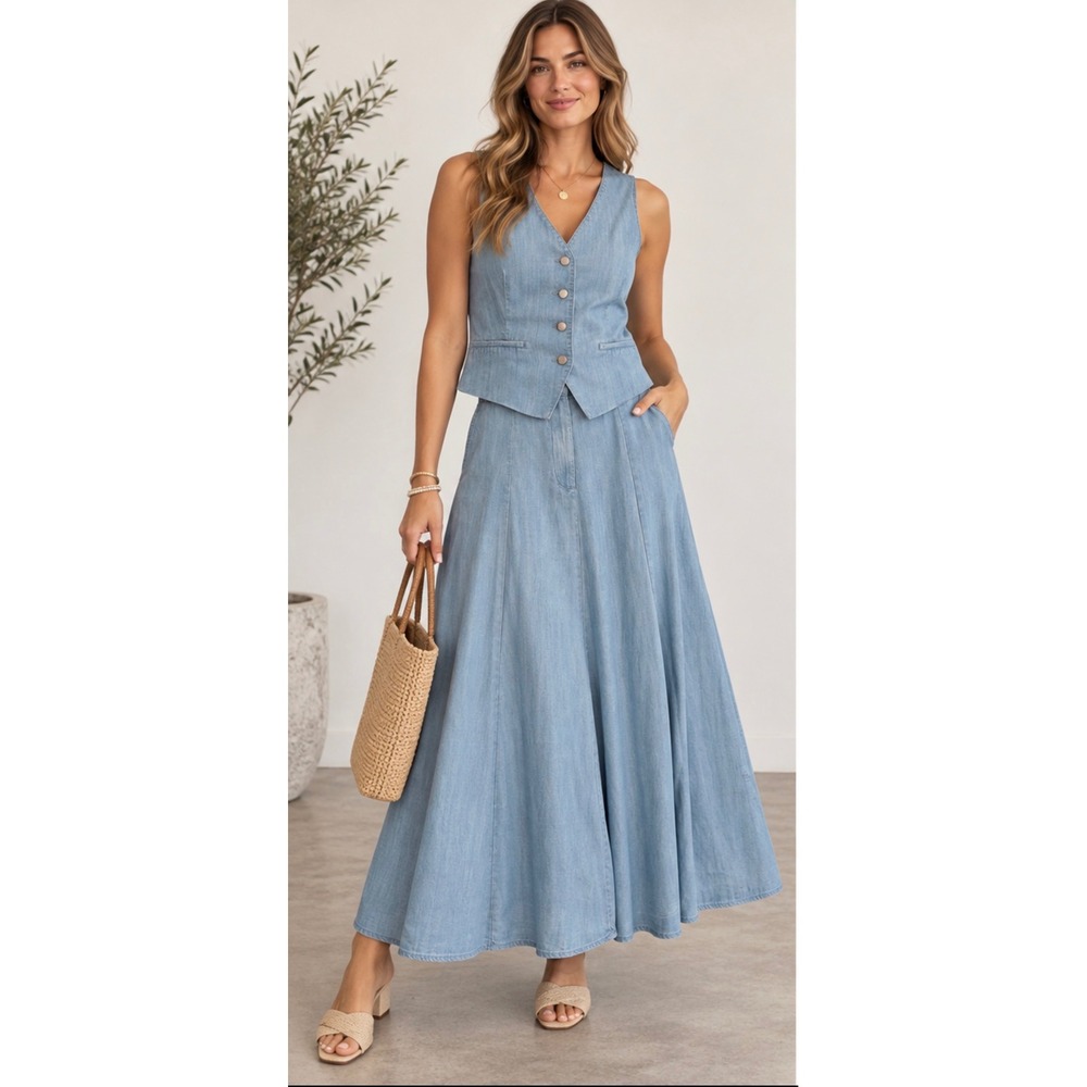 Sigrid Olsen Size Small Blue Lyocell Vest Maxi Skirt 2-Piece Matching Set